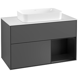 Villeroy und Boch Finion Waschtischunterschrank G251PDGK 100cm, Abdeckplatte white matt, Emotion, Regal rechts Black matt lacquer, Anthracite matt